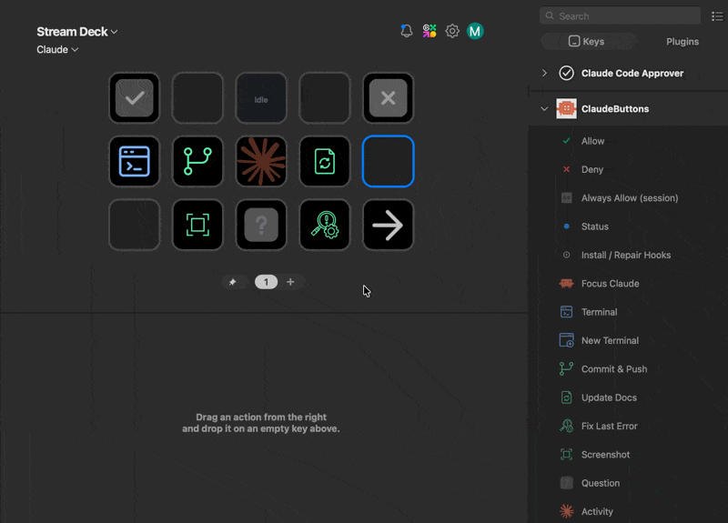 Dragging ClaudeButtons keys from the actions list onto a Stream Deck