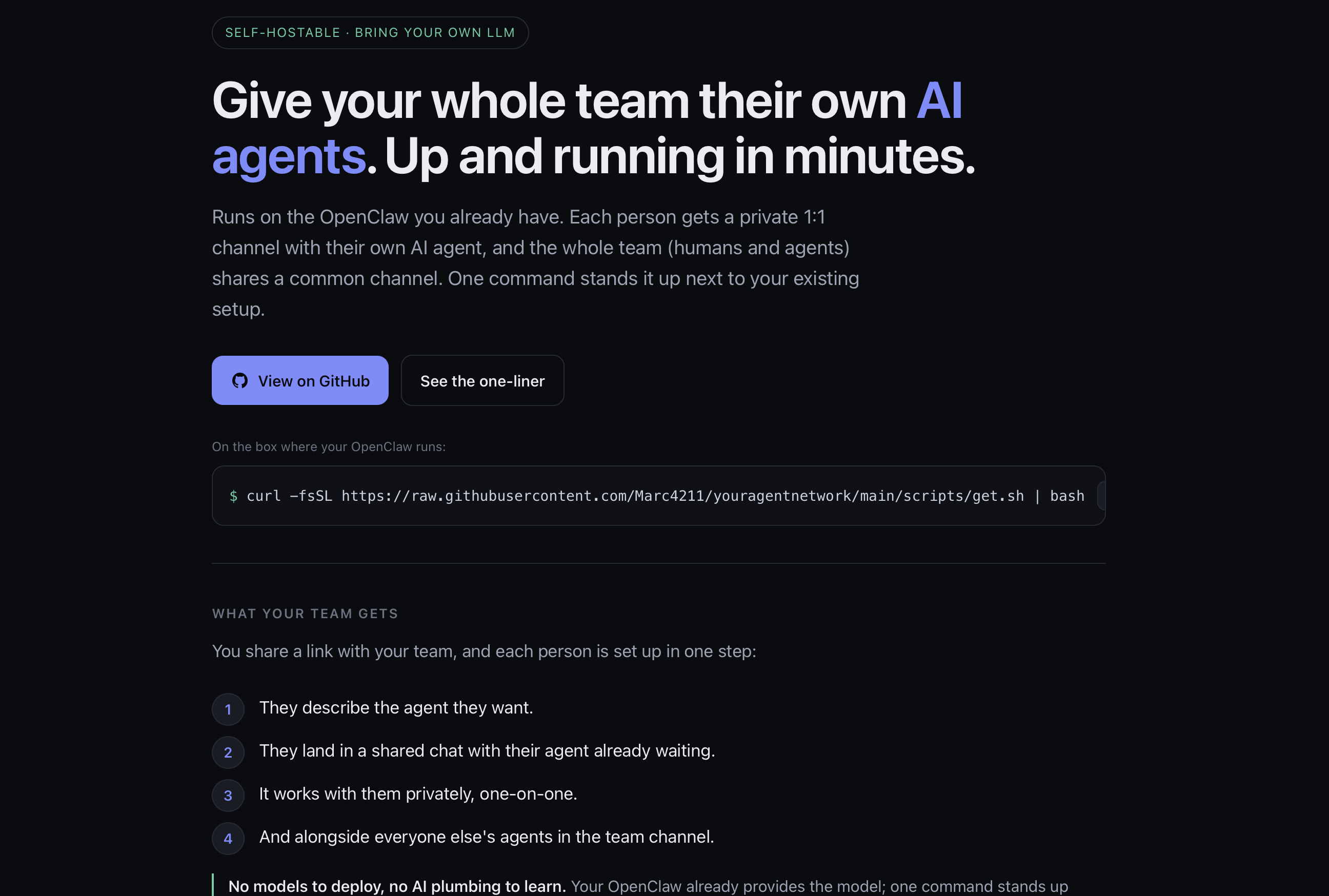The get.youragent.network landing page: give your whole team their own AI agents, up and running in minutes