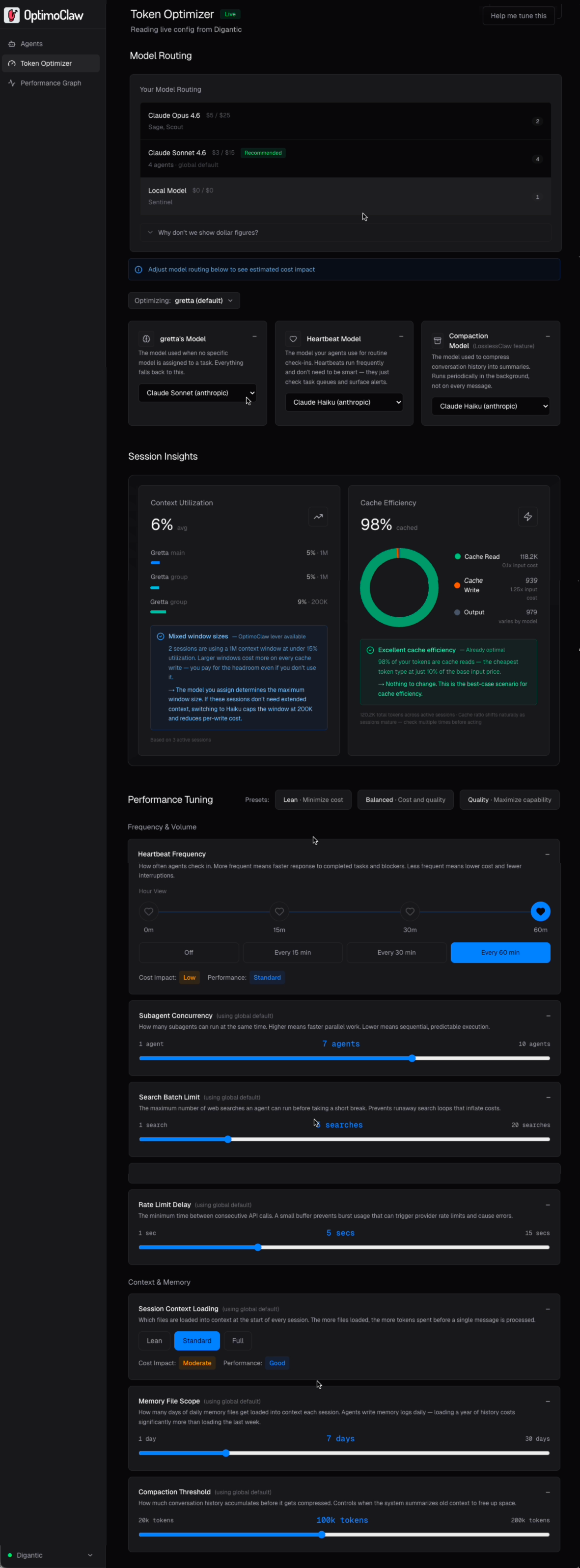 OptimoClaw Token Optimizer — full page