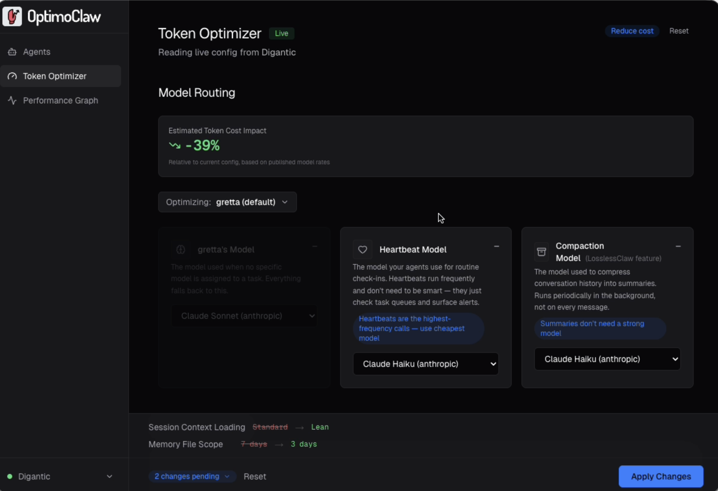 Help me tune this — picking the Reduce cost intent produces a set of suggested lever changes with rationale chips and an estimated -39% cost impact