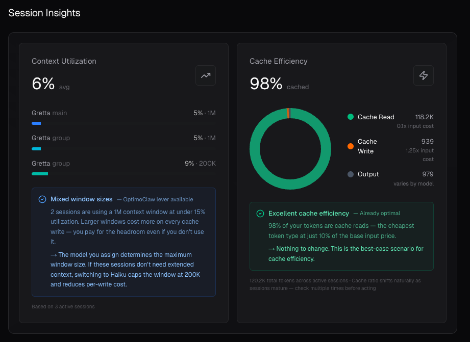 Session Insights — Context Utilization and Cache Efficiency charts with lever-aware recommendations