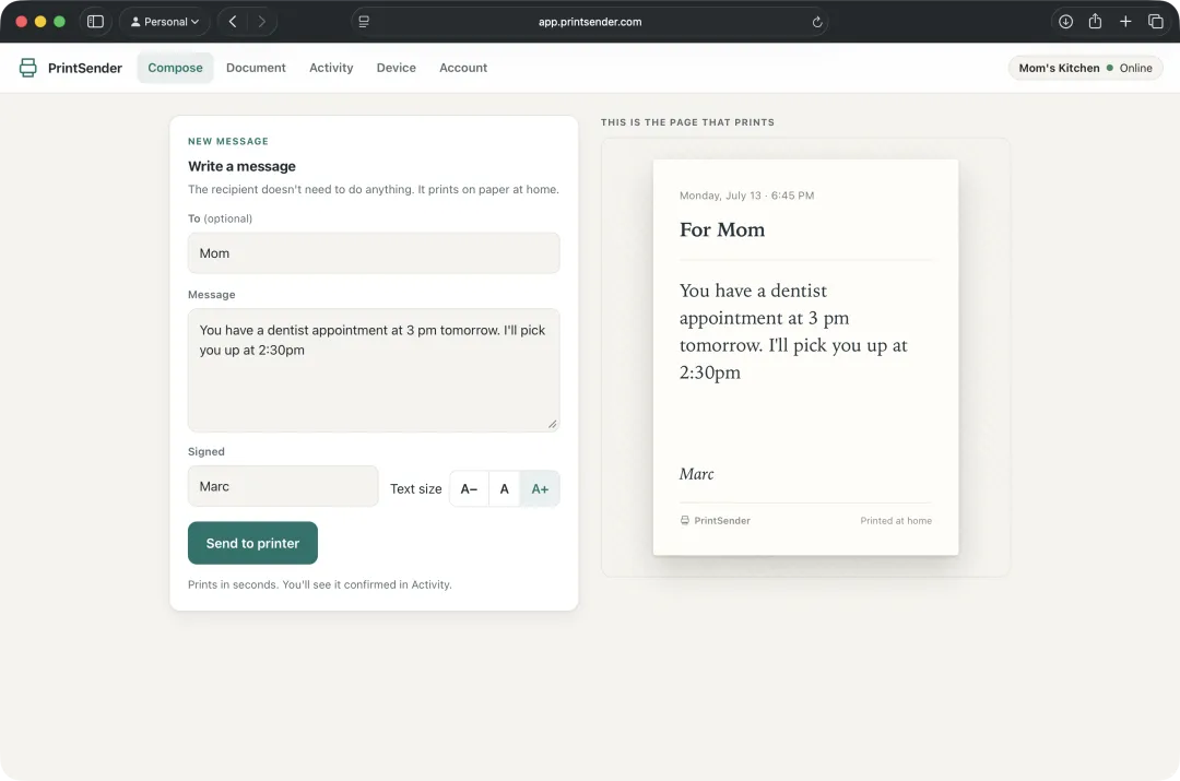 The PrintSender web app: a compose form on the left and a live preview of the exact page that will print on the right