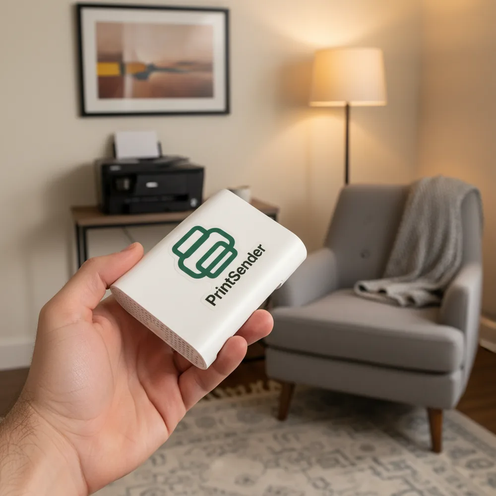 A hand holding the small, PrintSender-branded device in a living room, with a home printer on a console table behind it