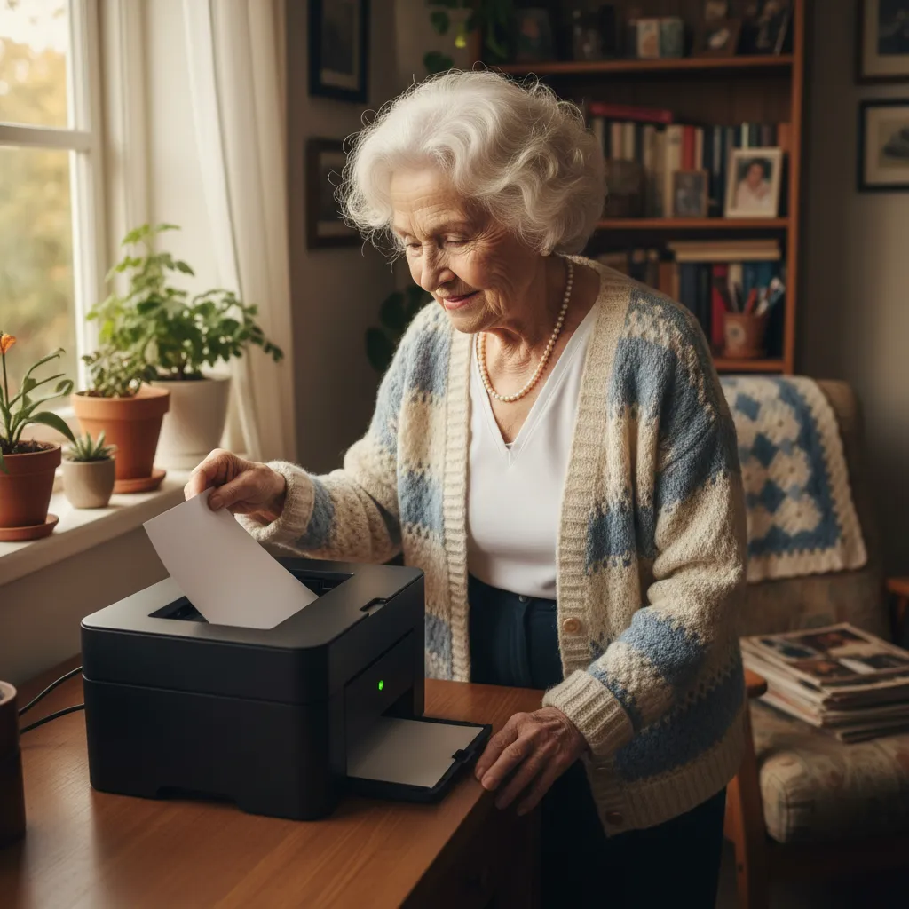 An older woman lifting a freshly printed page from a small printer in her living room