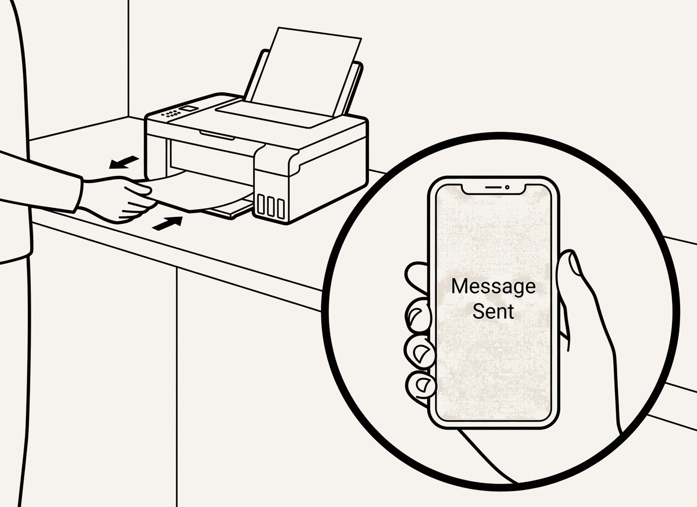 Line drawing of a page printing at home and a phone showing Message Sent