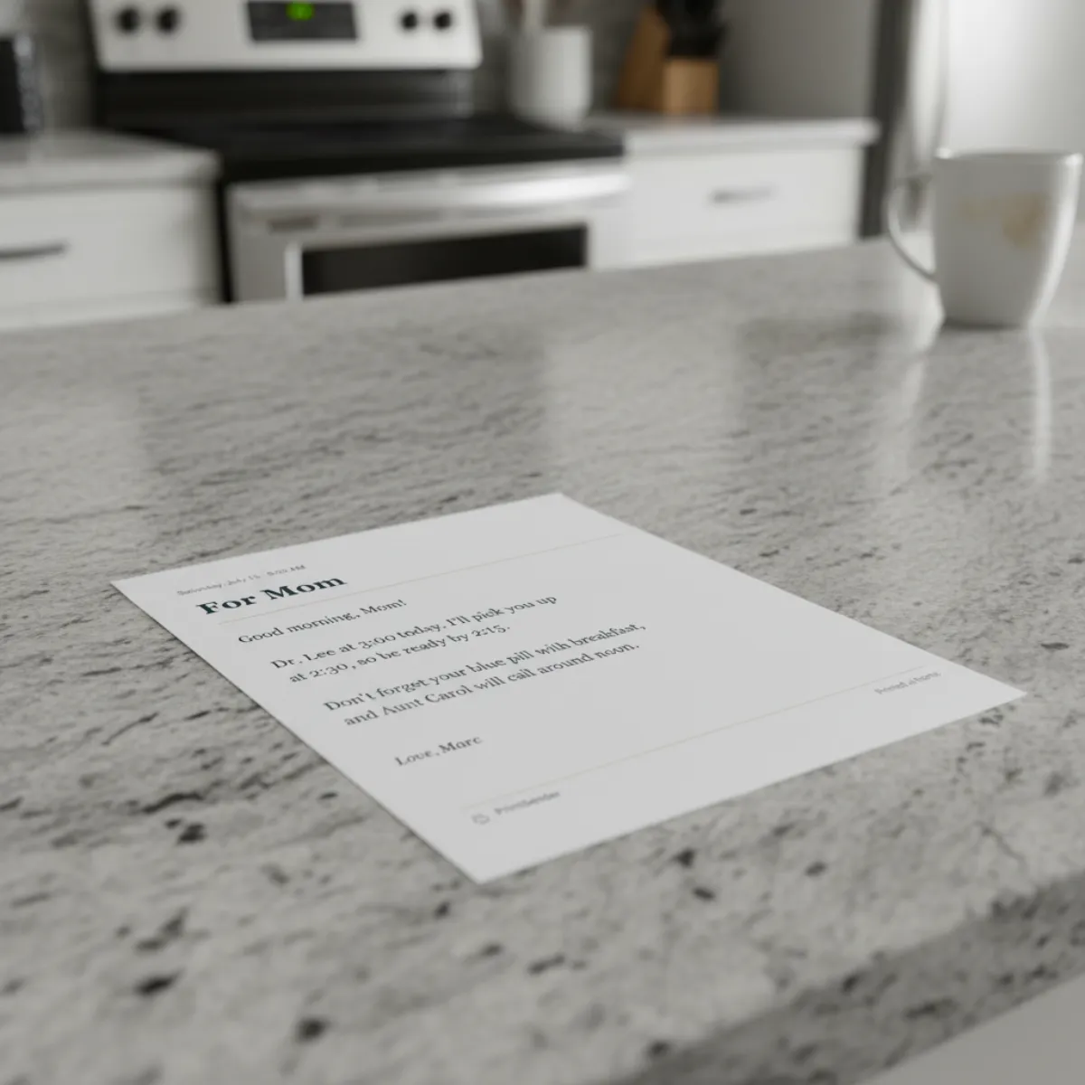A printed note that reads For Mom on a kitchen counter
