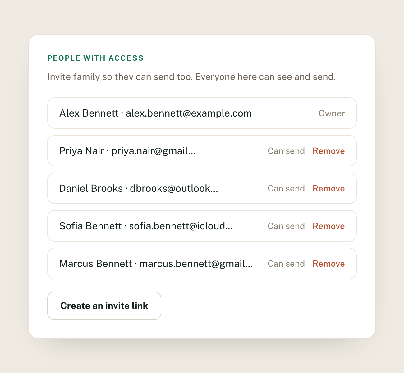 The PrintSender People with access panel: a list of family members who can send, each marked Owner or Can send with a Remove control, and a Create an invite link button