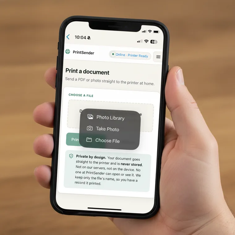 The PrintSender app on a phone, sending a photo straight to the printer at home, with a note that the file is never stored