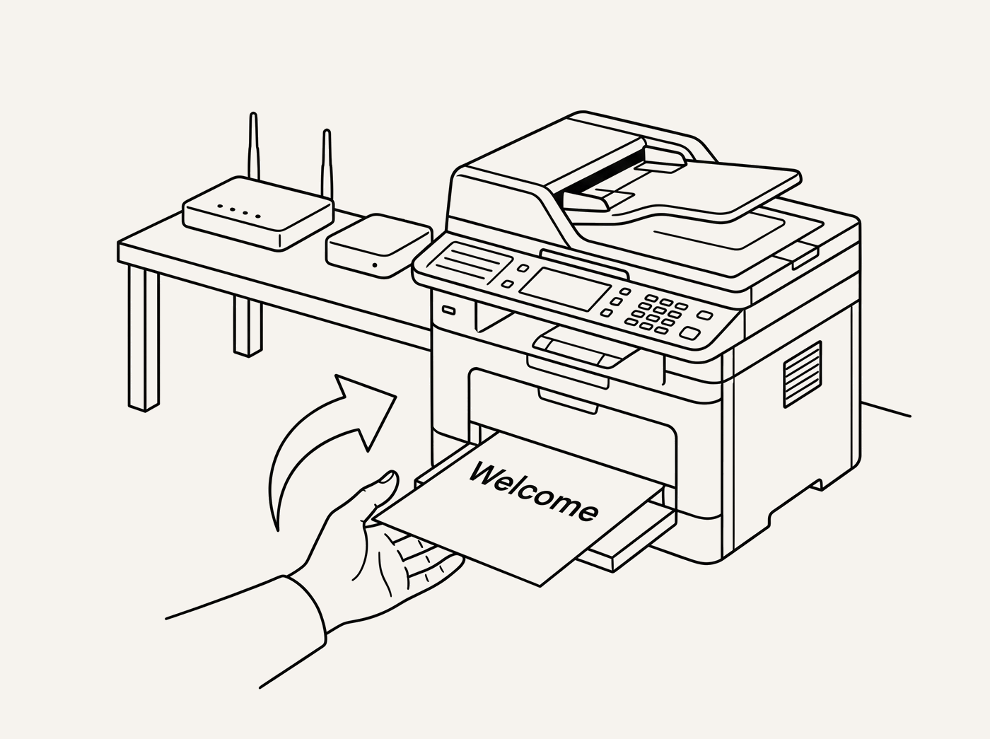 Line drawing of a hand taking a page that reads Welcome from a home printer, with the device and router on the table
