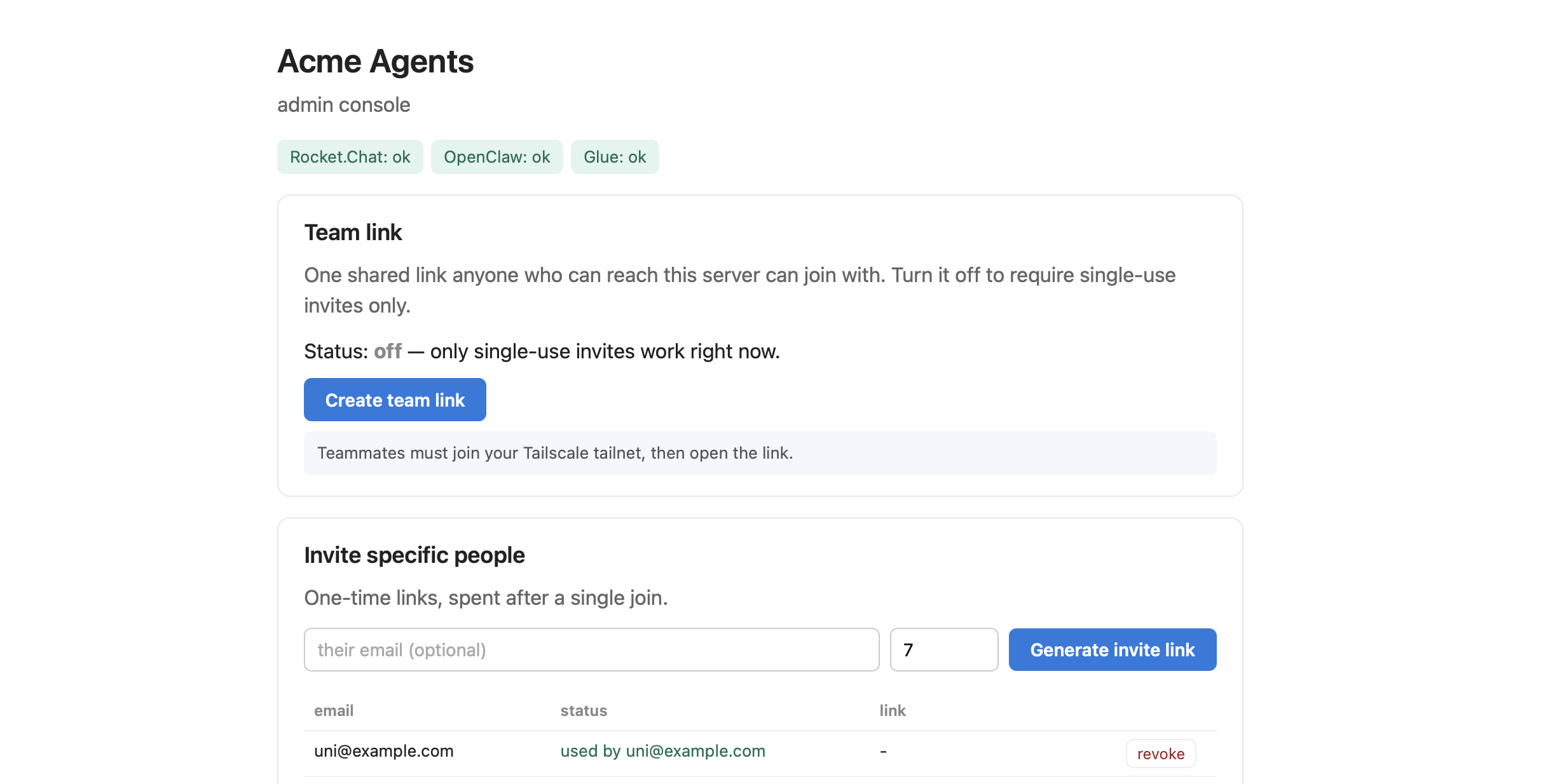 Admin console with a shareable team link and one-time invites