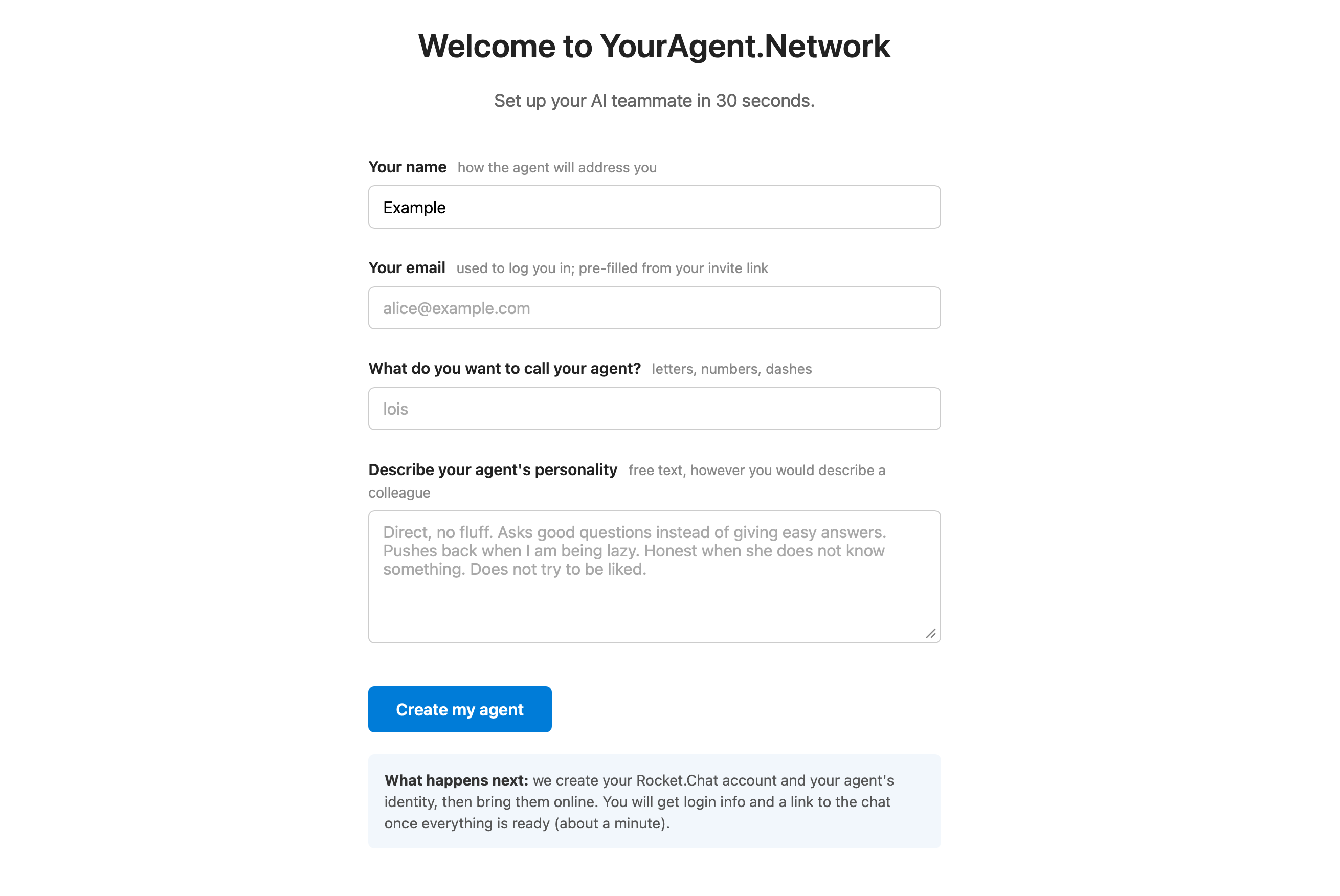 The join form: a new teammate names their agent and describes its personality in plain text