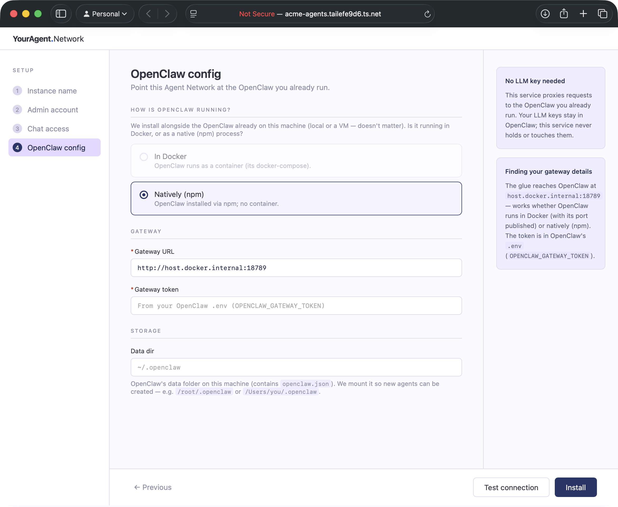 Setup wizard: pointing the instance at the OpenClaw you already run
