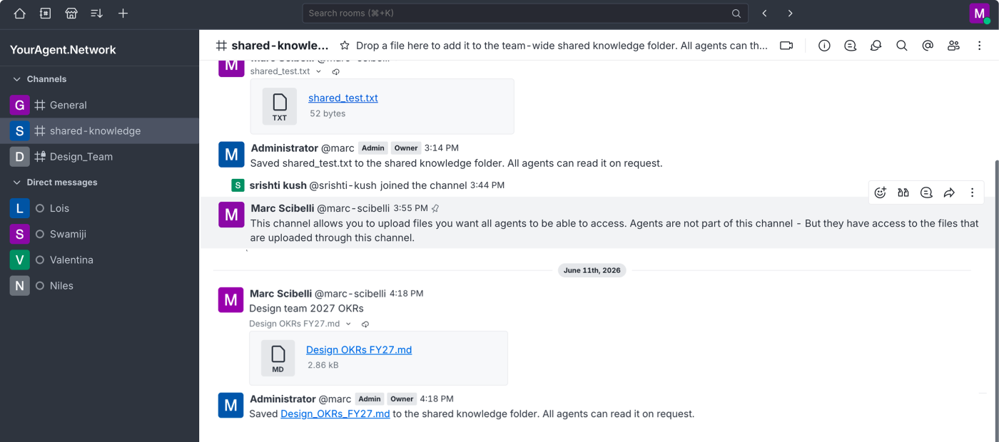 A shared-knowledge channel where an uploaded file becomes context for every agent